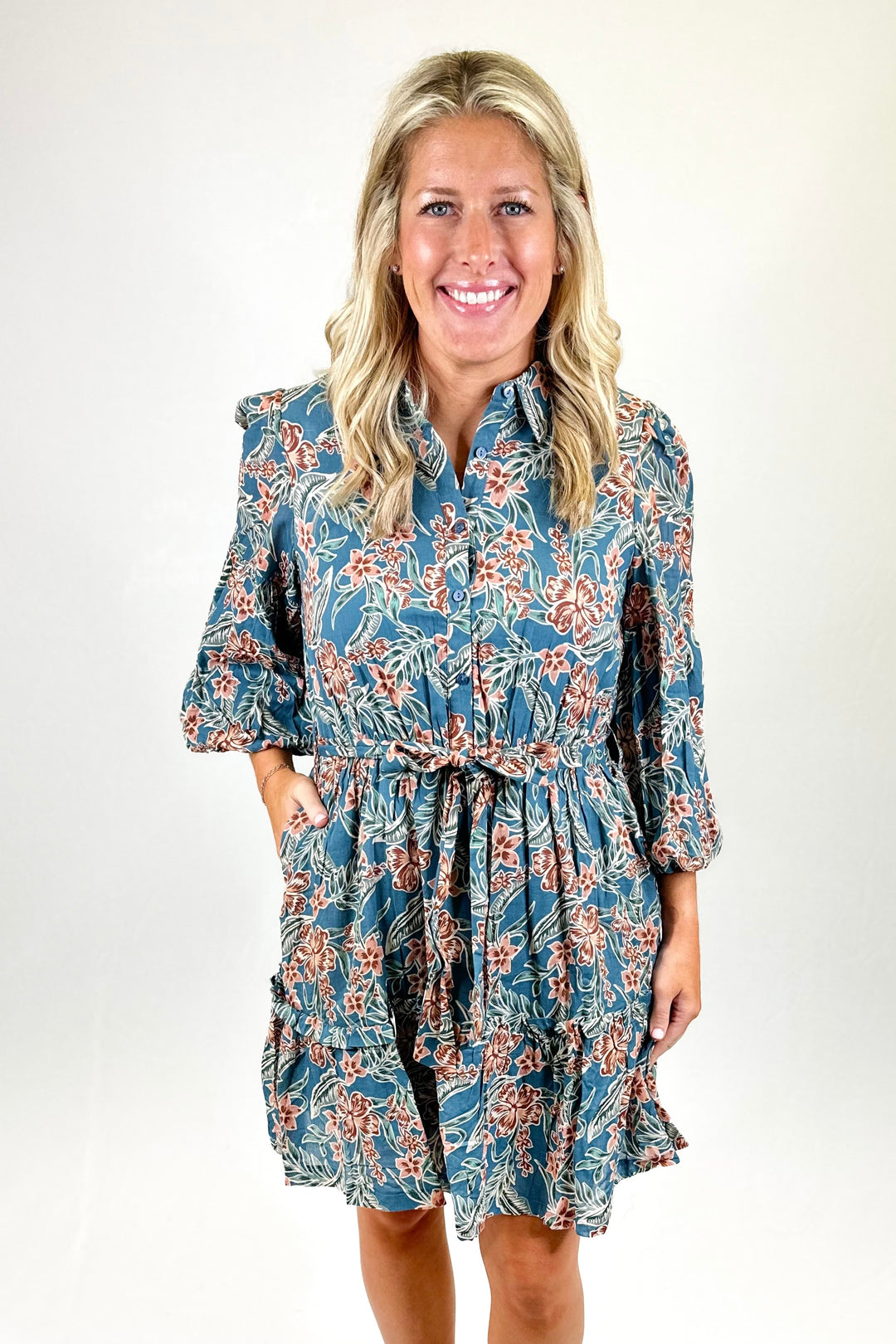 TURQUOISE & RUST FLORAL BELTED DRESS