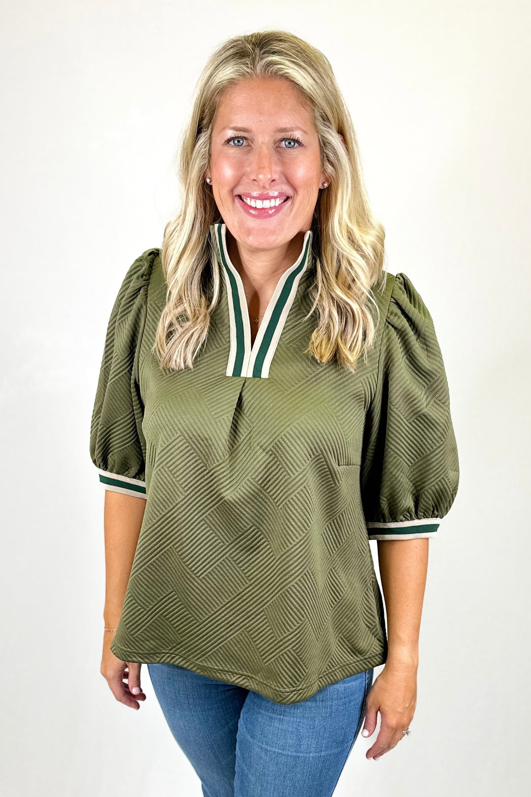 OLIVE TEXTURED CONTRAST STRIPE PUFF SLEEVE TOP