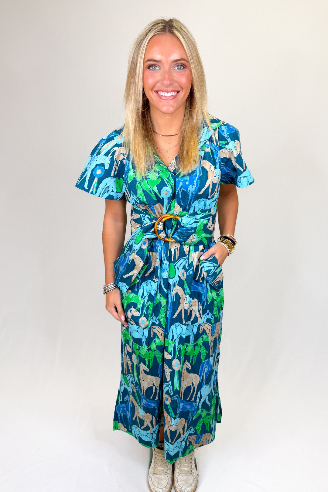 Blue and green horse print midi dress with short sleeves and ring belt waist | Walker Boutique