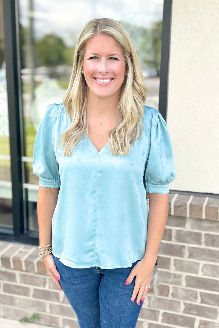 SEAFOAM FLORAL SATIN TOP