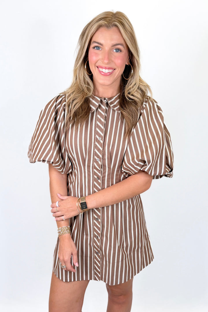 KARLIE: BROWN STRIPE SCALLOP PUFF SLEEVE SHIRT DRESS