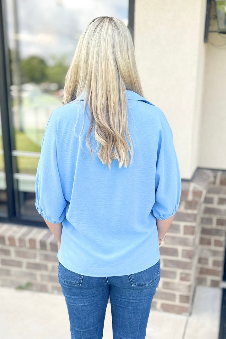 LIGHT BLUE STANDING COLLAR DROP SHOULDER TOP