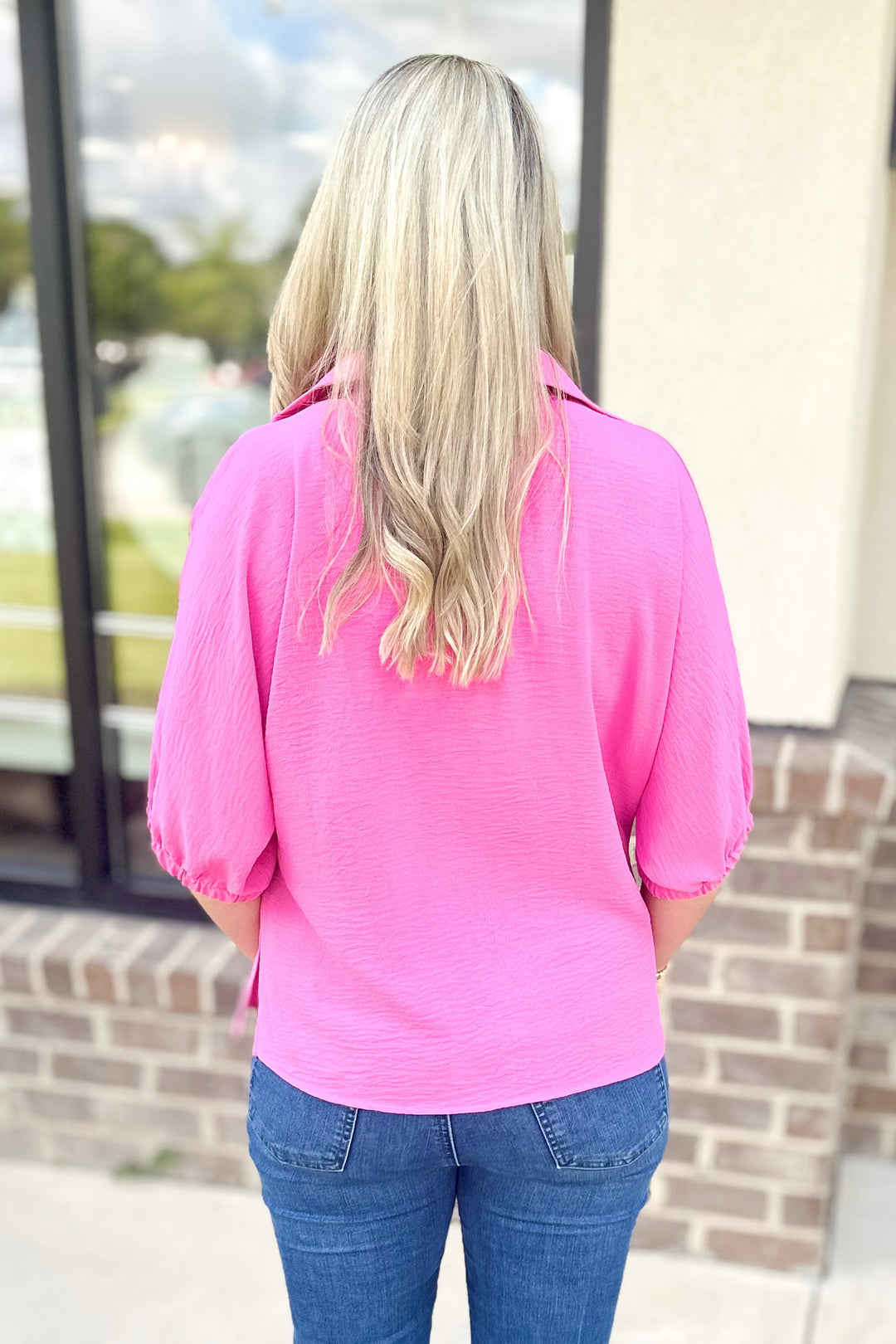 PINK STANDING COLLAR DROP SHOULDER TOP