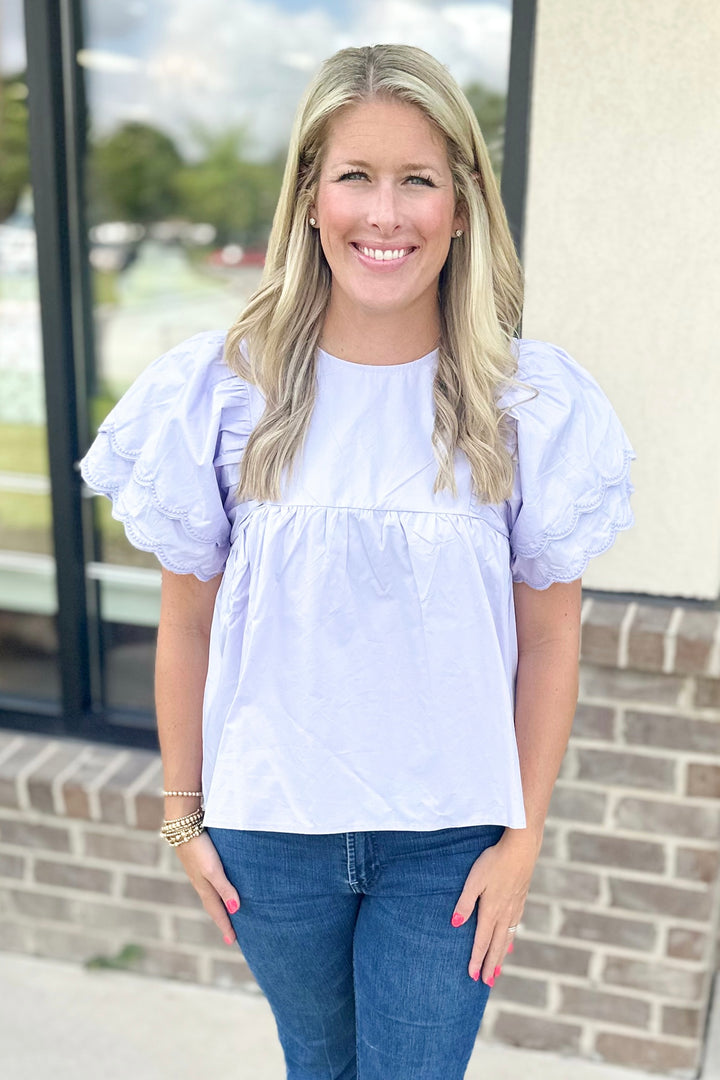 LAVENDER SCALLOP RUFFLE SLEEVE TOP