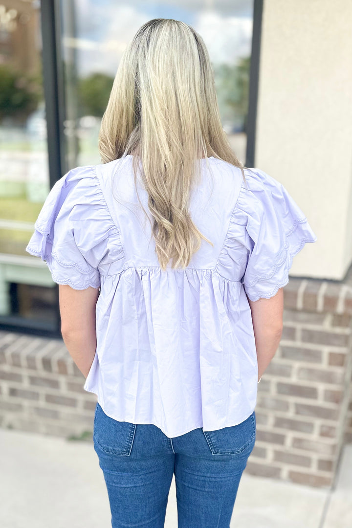 LAVENDER SCALLOP RUFFLE SLEEVE TOP