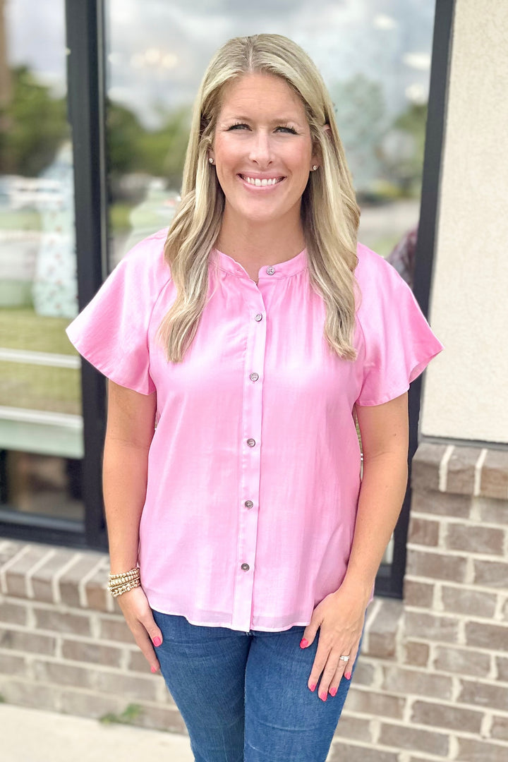 BRIGHT PINK BUTTON FRONT TOP