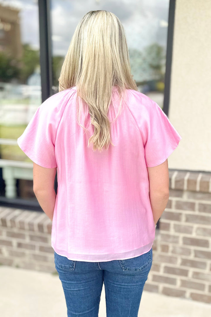 BRIGHT PINK BUTTON FRONT TOP