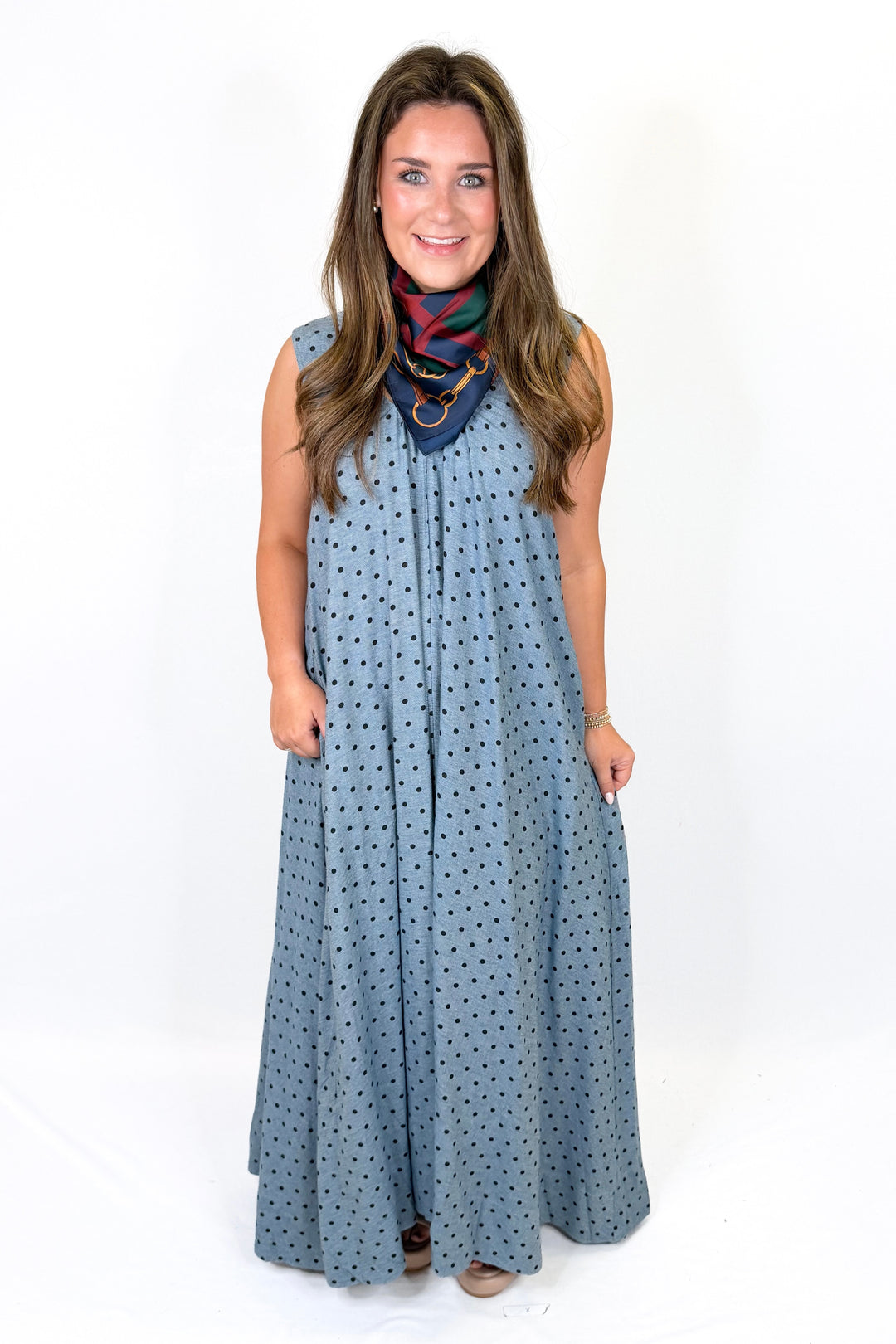 KARLIE: BLUE DENIM POLKA-DOT SCOOP MAXI DRESS