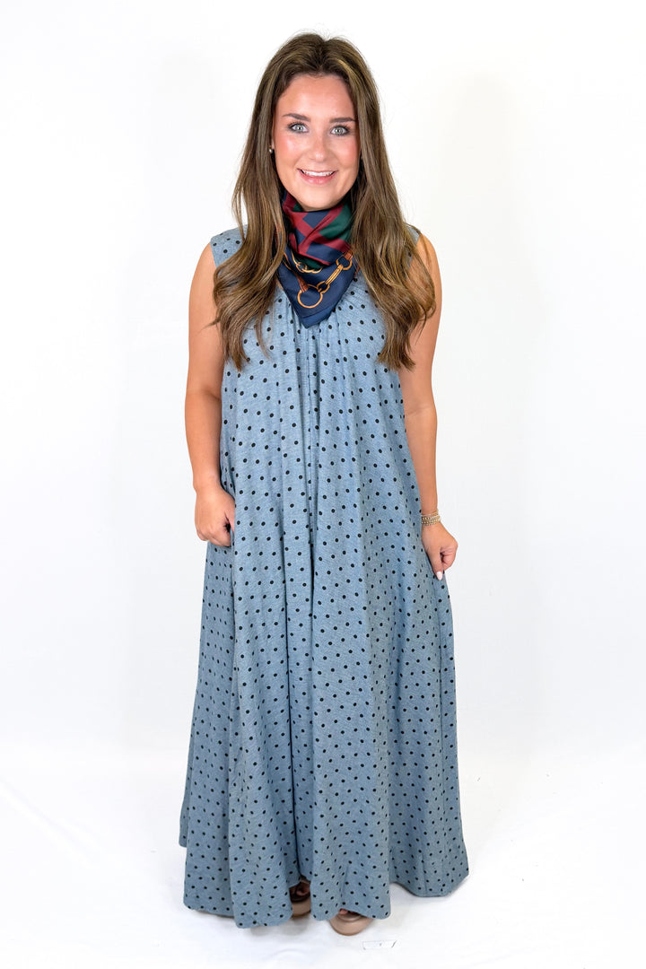 KARLIE: BLUE DENIM POLKA-DOT SCOOP MAXI DRESS