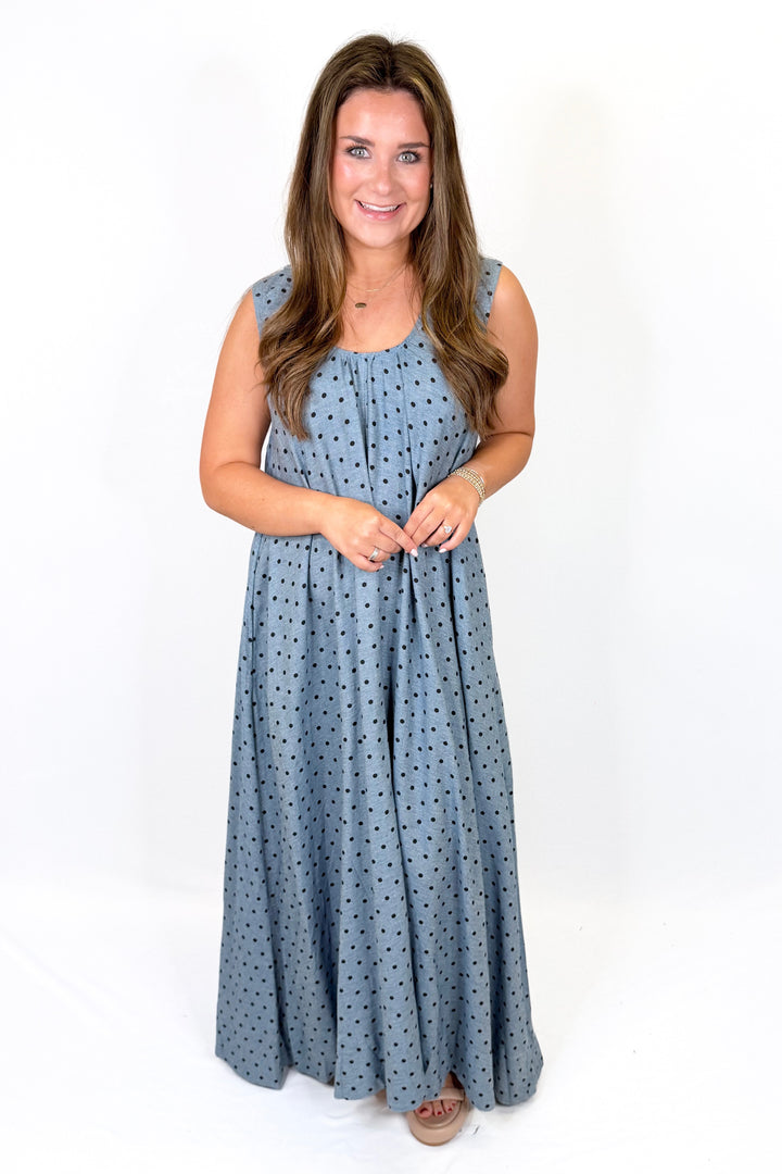 KARLIE: BLUE DENIM POLKA-DOT SCOOP MAXI DRESS