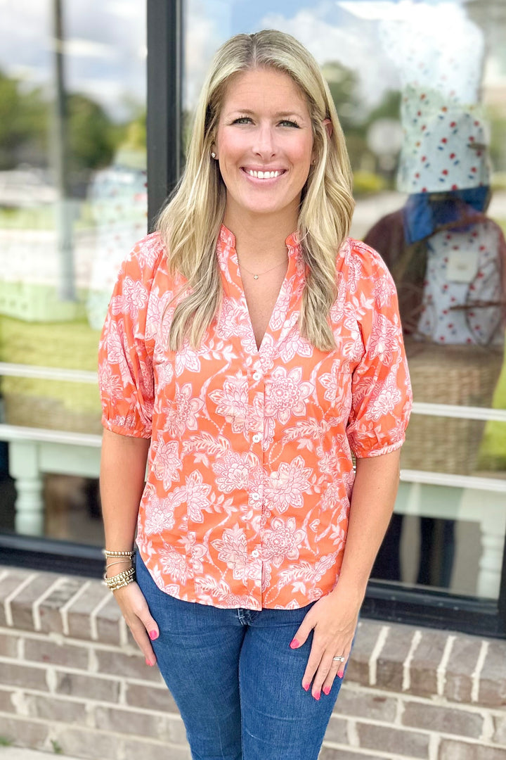 ORANGE & FUCHSIA FLORAL BUTTON FRONT TOP