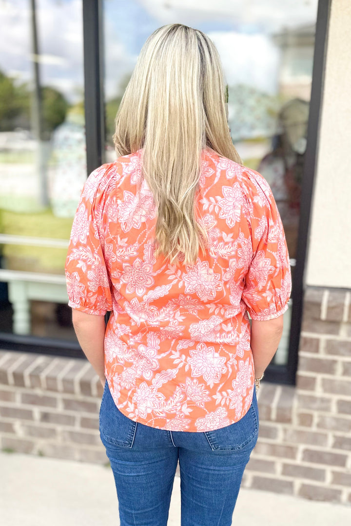 ORANGE & FUCHSIA FLORAL BUTTON FRONT TOP