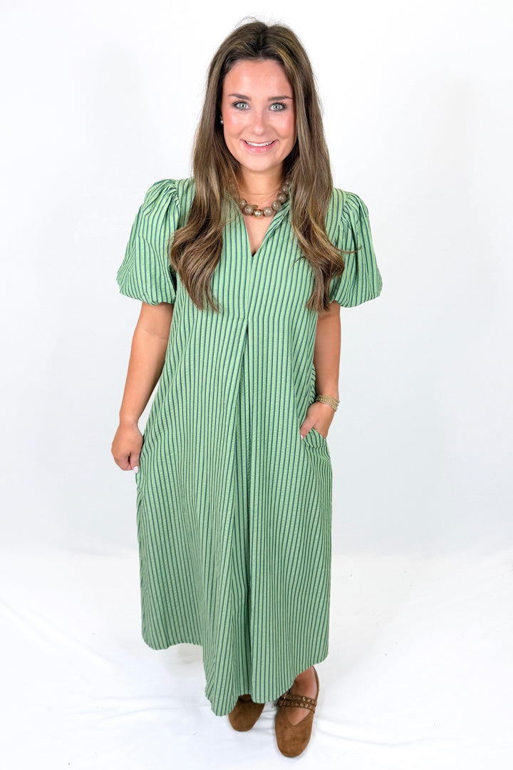 GREEN STRIPE COLLARED VNECK MIDI DRESS