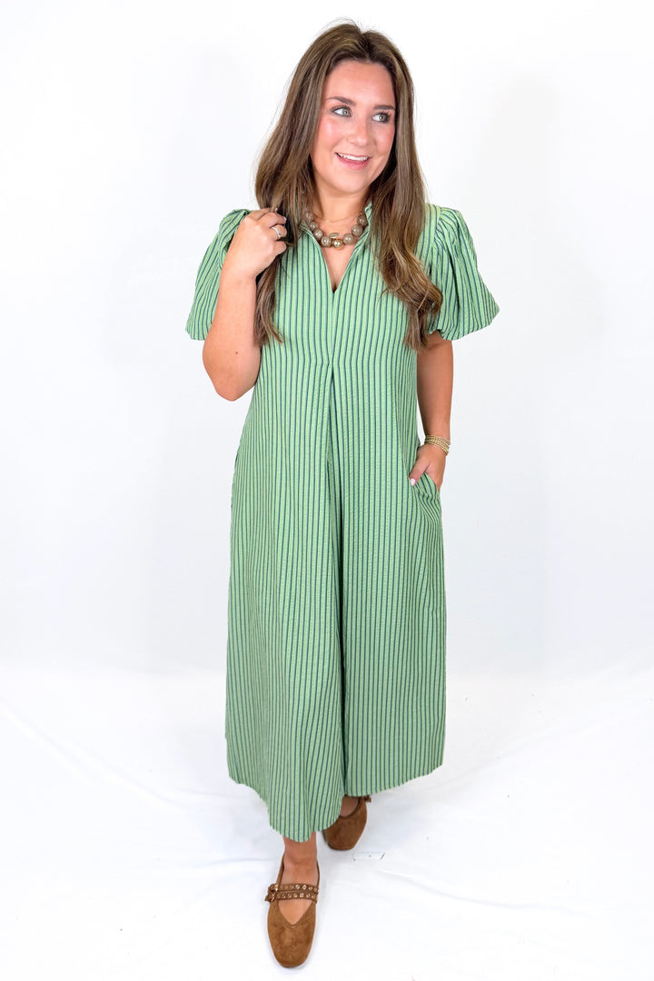 GREEN STRIPE COLLARED VNECK MIDI DRESS