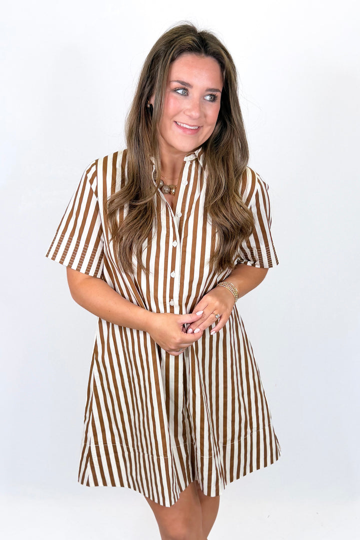KARLIE: BROWN STRIPE POPLIN SHIRT DRESS