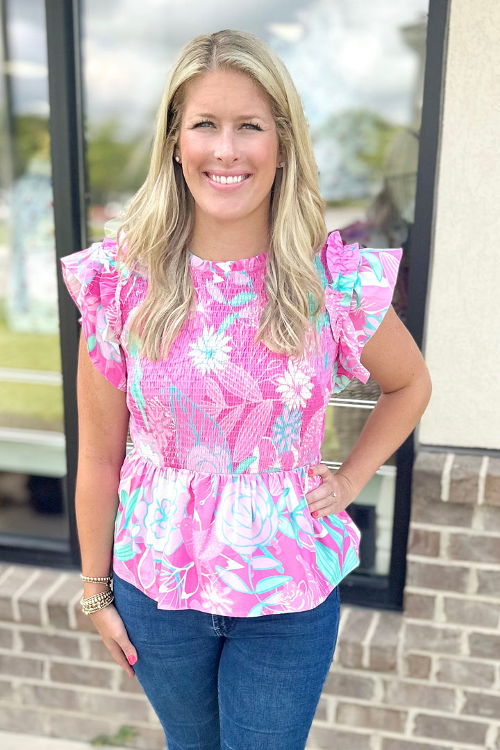 PINK FLORAL SMOCKED PEPLUM TOP