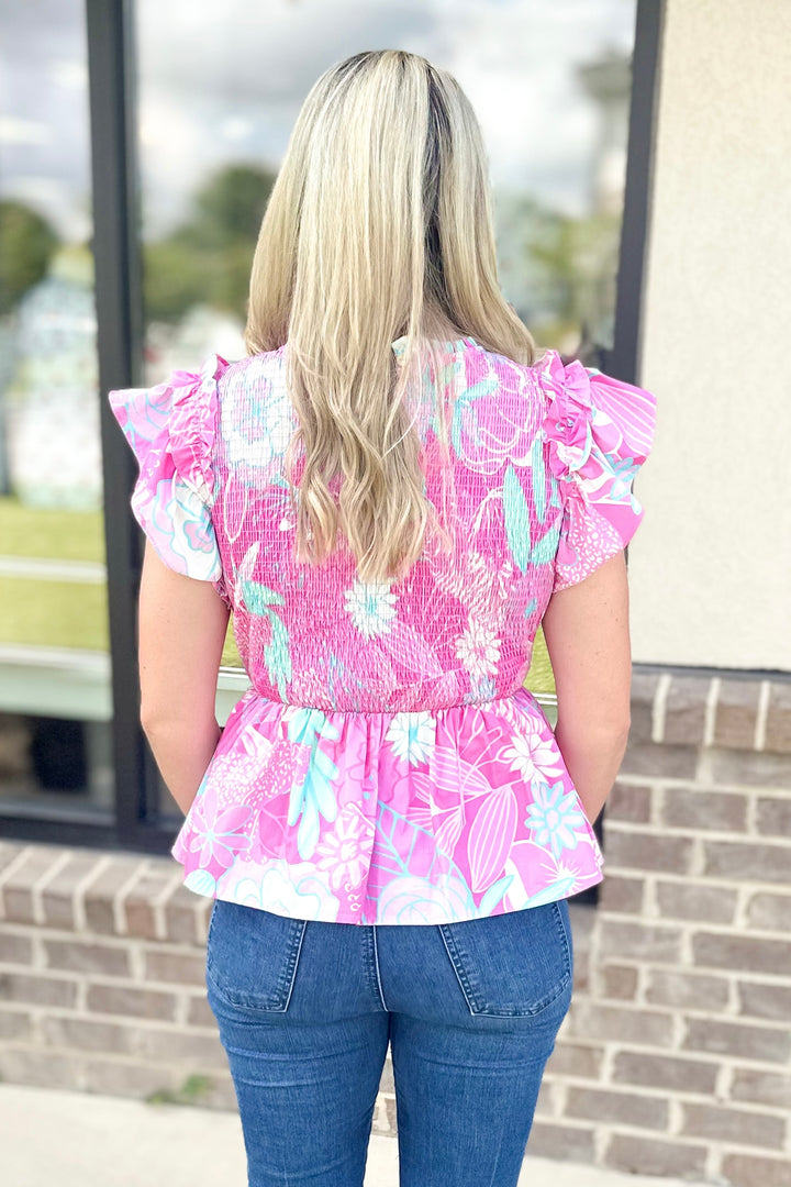 PINK FLORAL SMOCKED PEPLUM TOP