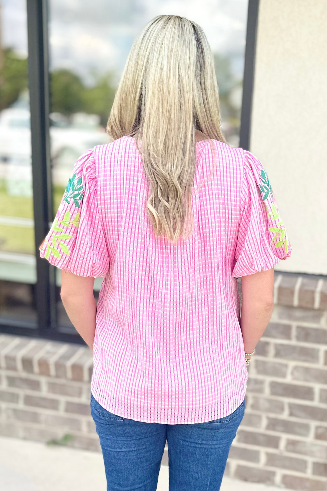 PINK SEERSUCKER EMBROIDERED SLEEVE TOP