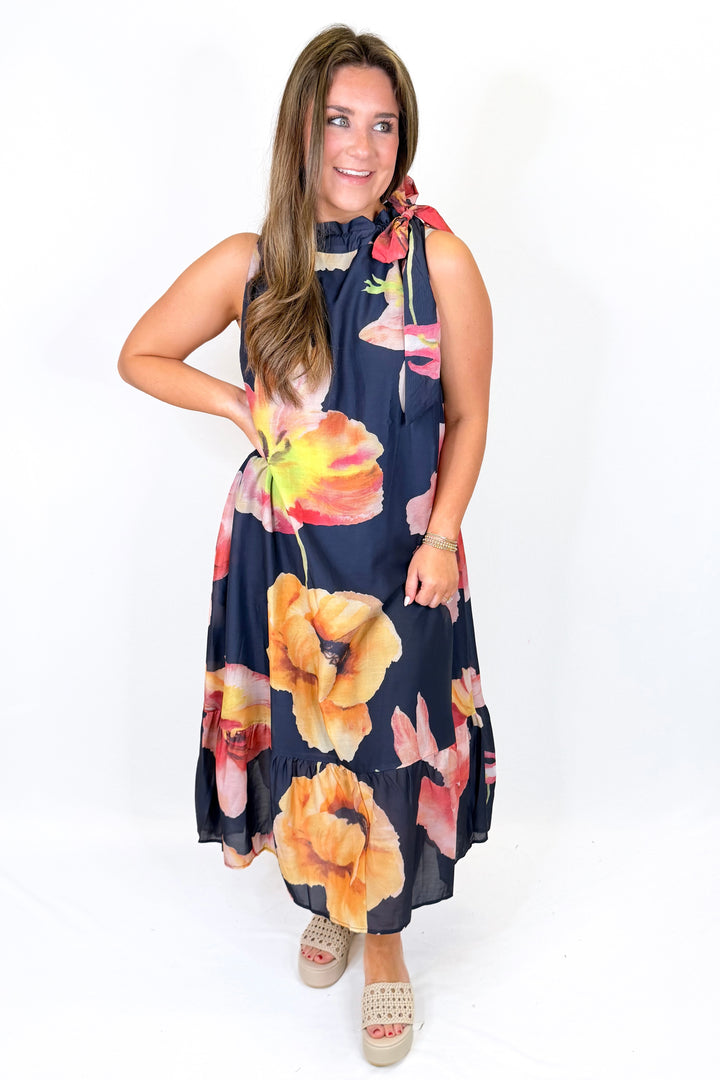 NAVY FLORAL HALTER NECK MIDI DRESS