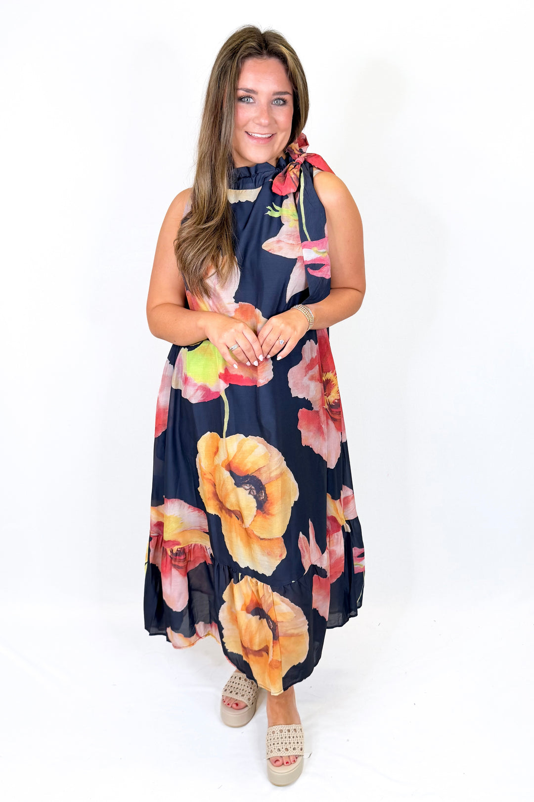 NAVY FLORAL HALTER NECK MIDI DRESS