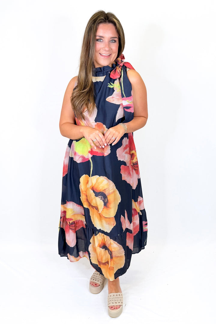 NAVY FLORAL HALTER NECK MIDI DRESS