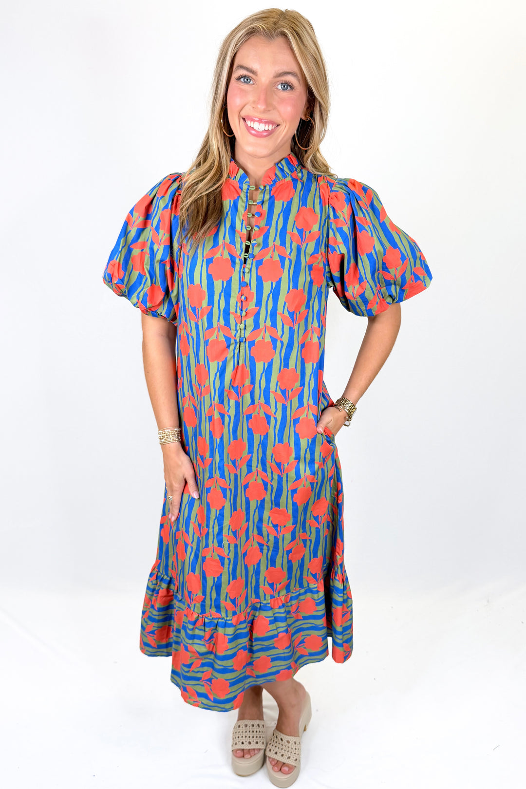 KARLIE: ROYAL STRIPE MOD FLORAL PUFF SLEEVE MAXI DRESS