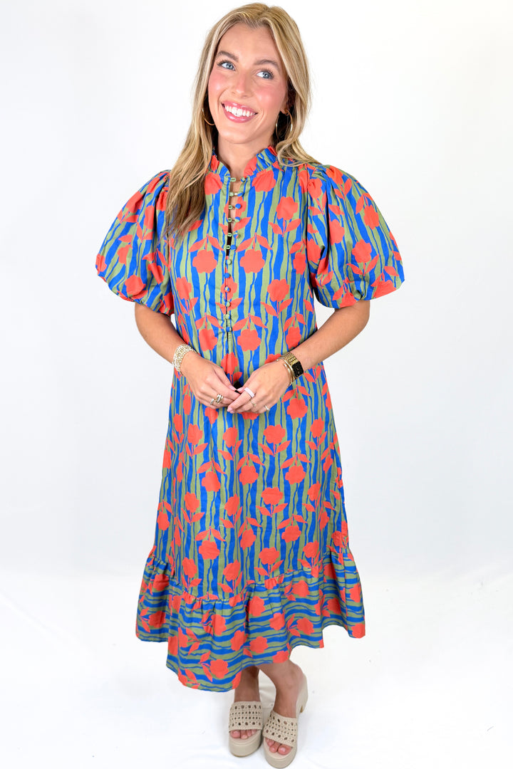 KARLIE: ROYAL STRIPE MOD FLORAL PUFF SLEEVE MAXI DRESS