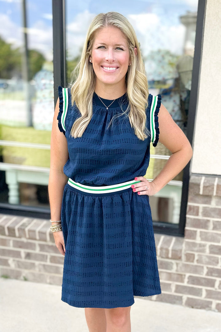 NAVY SWISS DOT STRIPE DETAIL DRESS