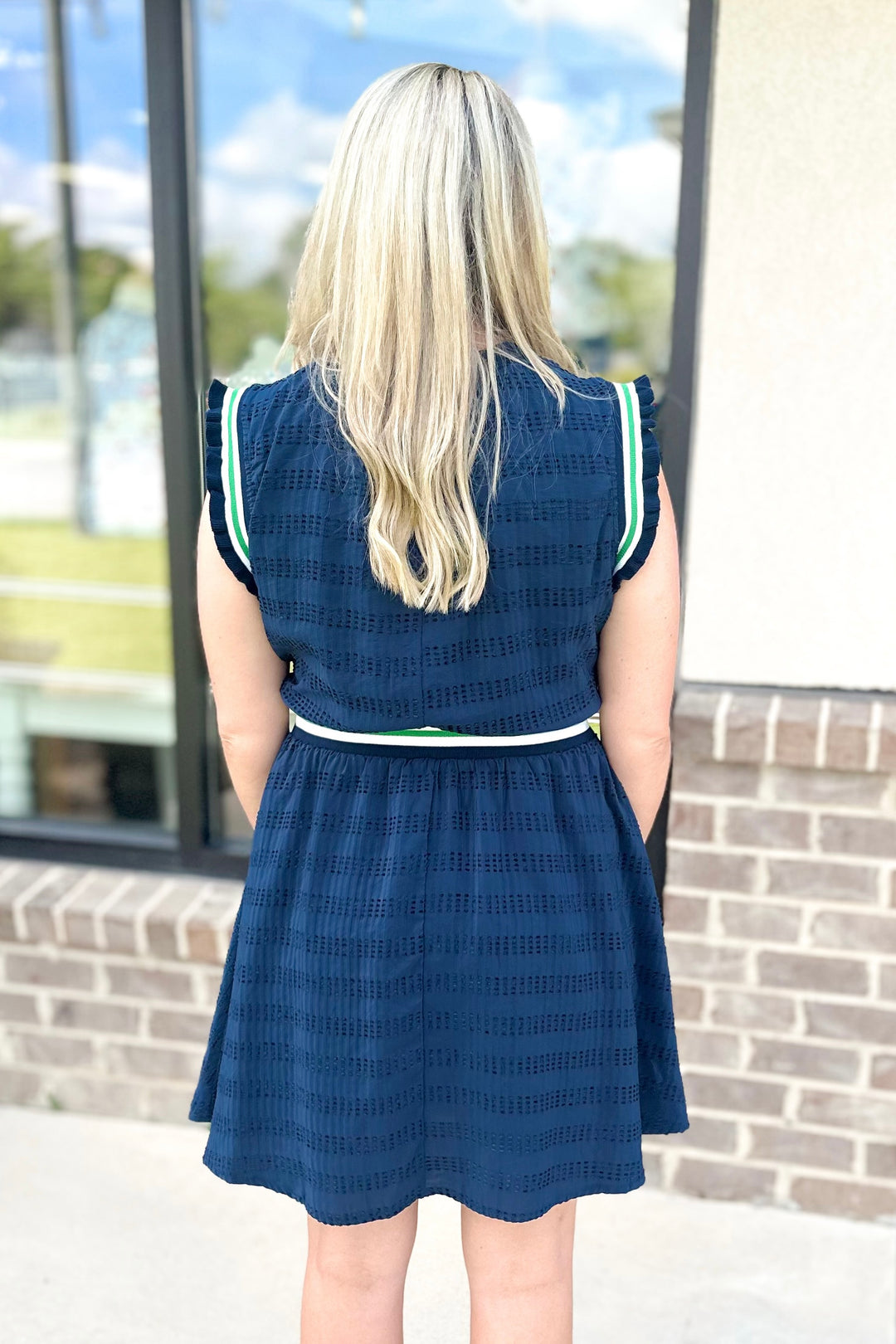 NAVY SWISS DOT STRIPE DETAIL DRESS