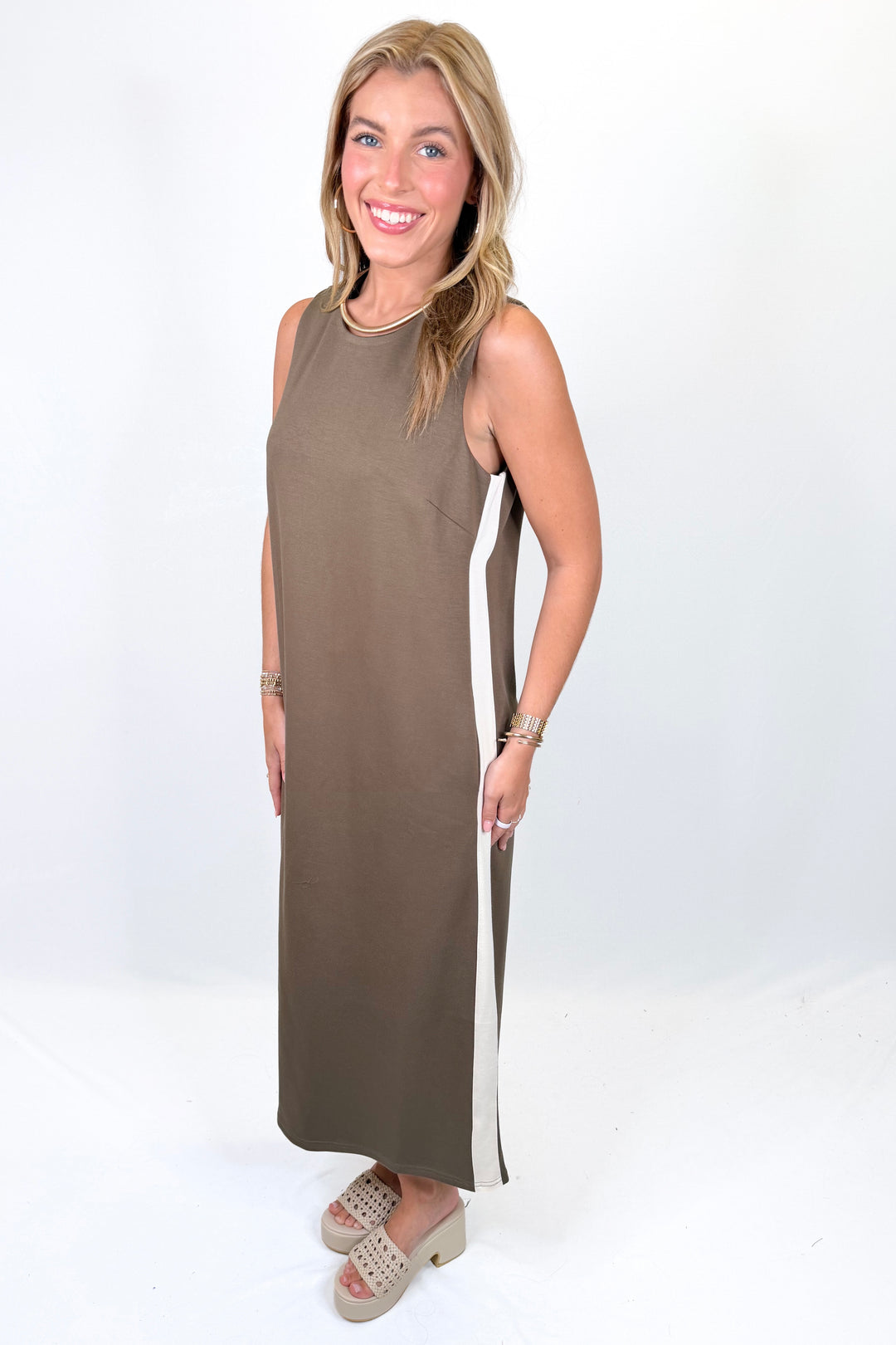 OLIVE SLEEVELESS SIDE STRIPE MIDI DRESS