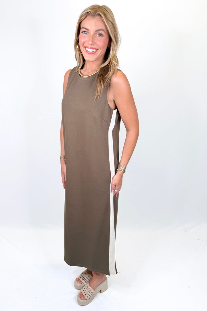 OLIVE SLEEVELESS SIDE STRIPE MIDI DRESS
