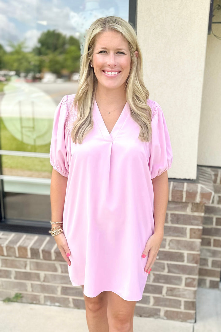 PINK SMOCKED SHOULDER VNECK DRESS