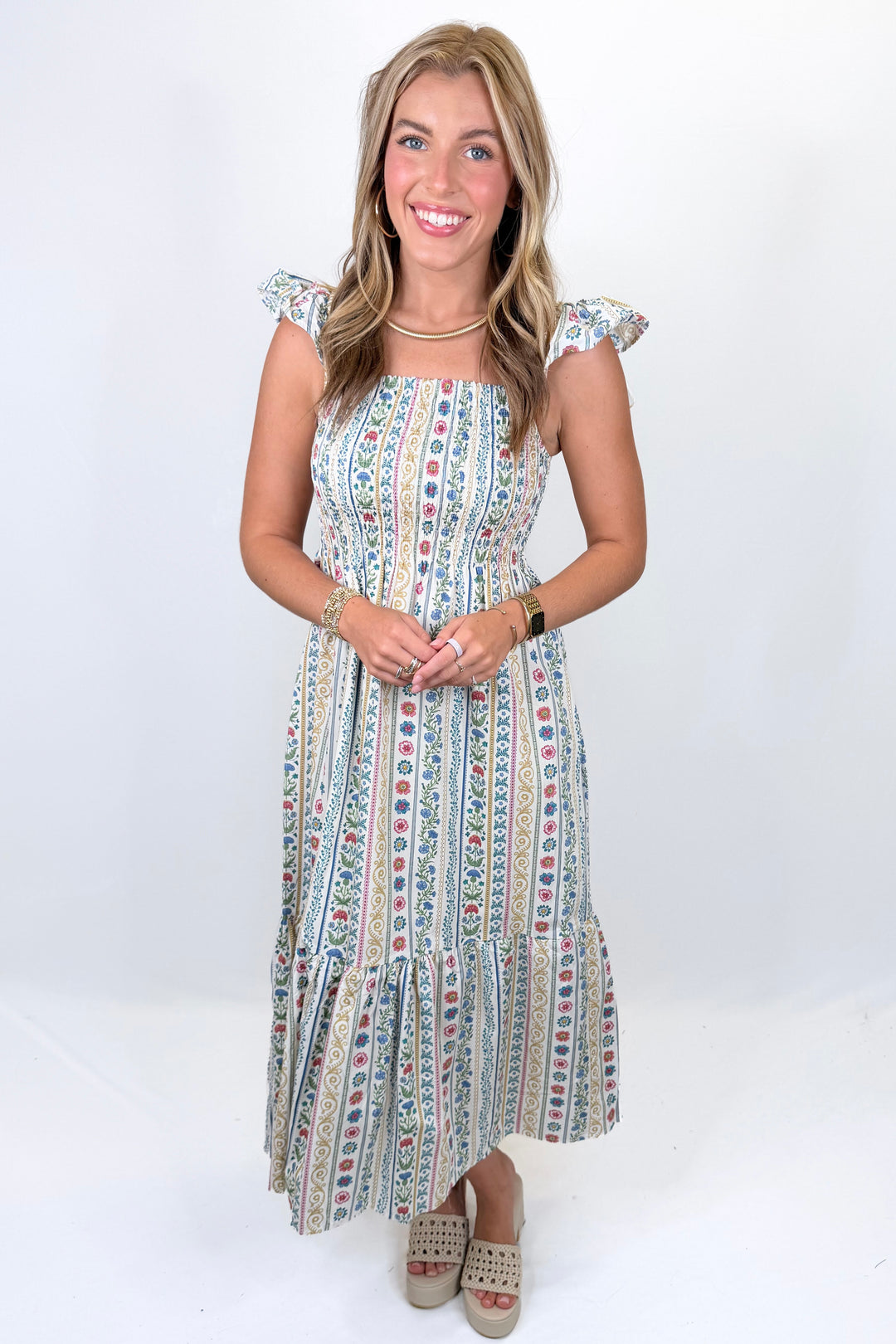 KARLIE: IVORY FRENCH COTTAGE FLORAL SMOCK MAXI DRESS
