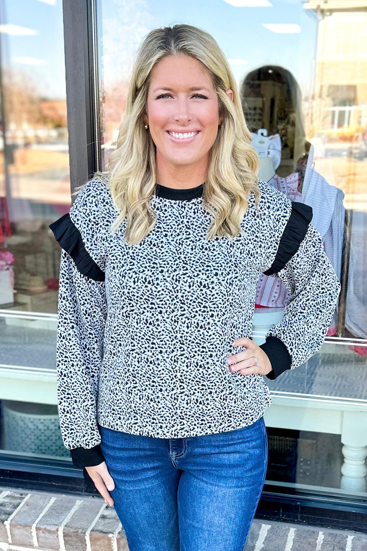 BLACK MICRO LEOPARD PRINT LONG SLEEVE TOP