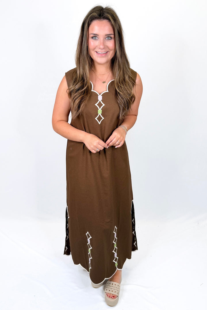 KARLIE: CHOCOLATE DOUBLE VNECK EMBROIDERED SCALLOP DRESS