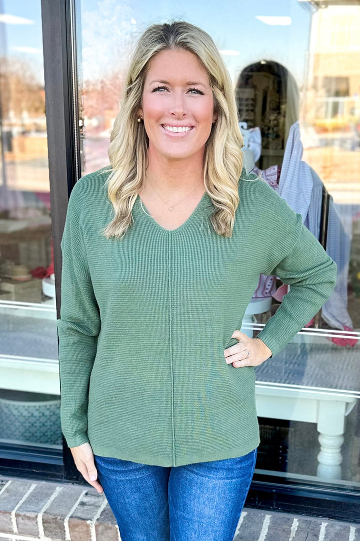 OLIVE VNECK WAFFLE KNIT SWEATER