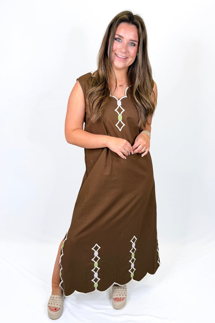 KARLIE: CHOCOLATE DOUBLE VNECK EMBROIDERED SCALLOP DRESS