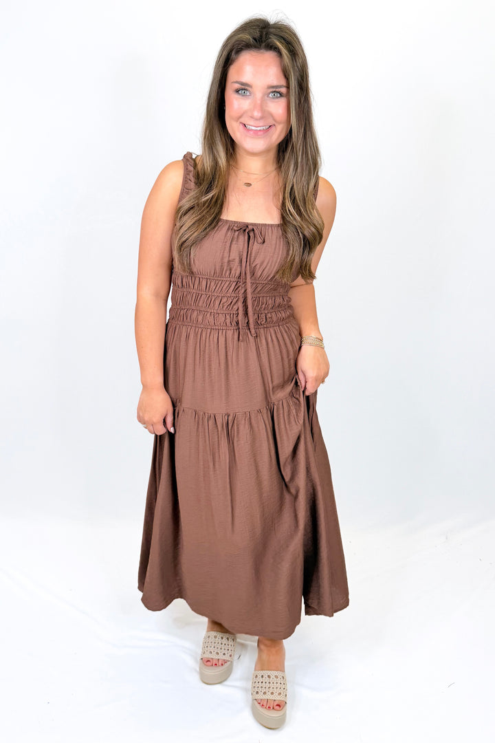 DARK BROWN SATIN FRONT TIE SHIRRED WAIST MIDI DRESS
