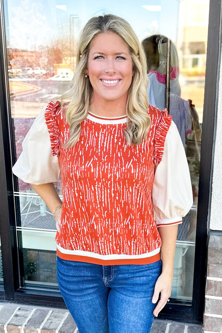 RUST PRINTED VARSITY COLOR BLOCK TOP