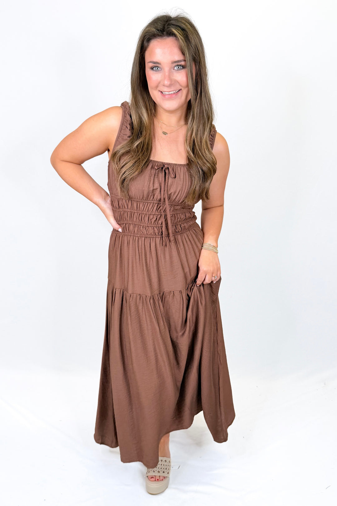 DARK BROWN SATIN FRONT TIE SHIRRED WAIST MIDI DRESS