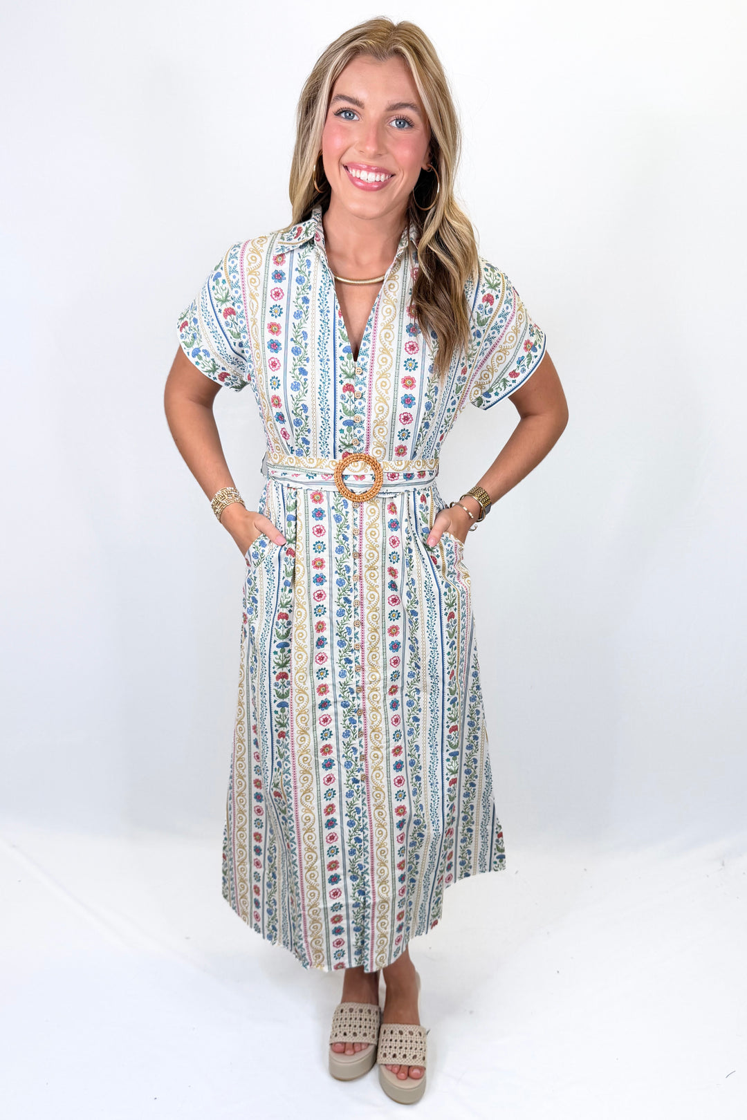 KARLIE: IVORY FRENCH COTTAGE FLORAL MAXI DRESS WITH BELT