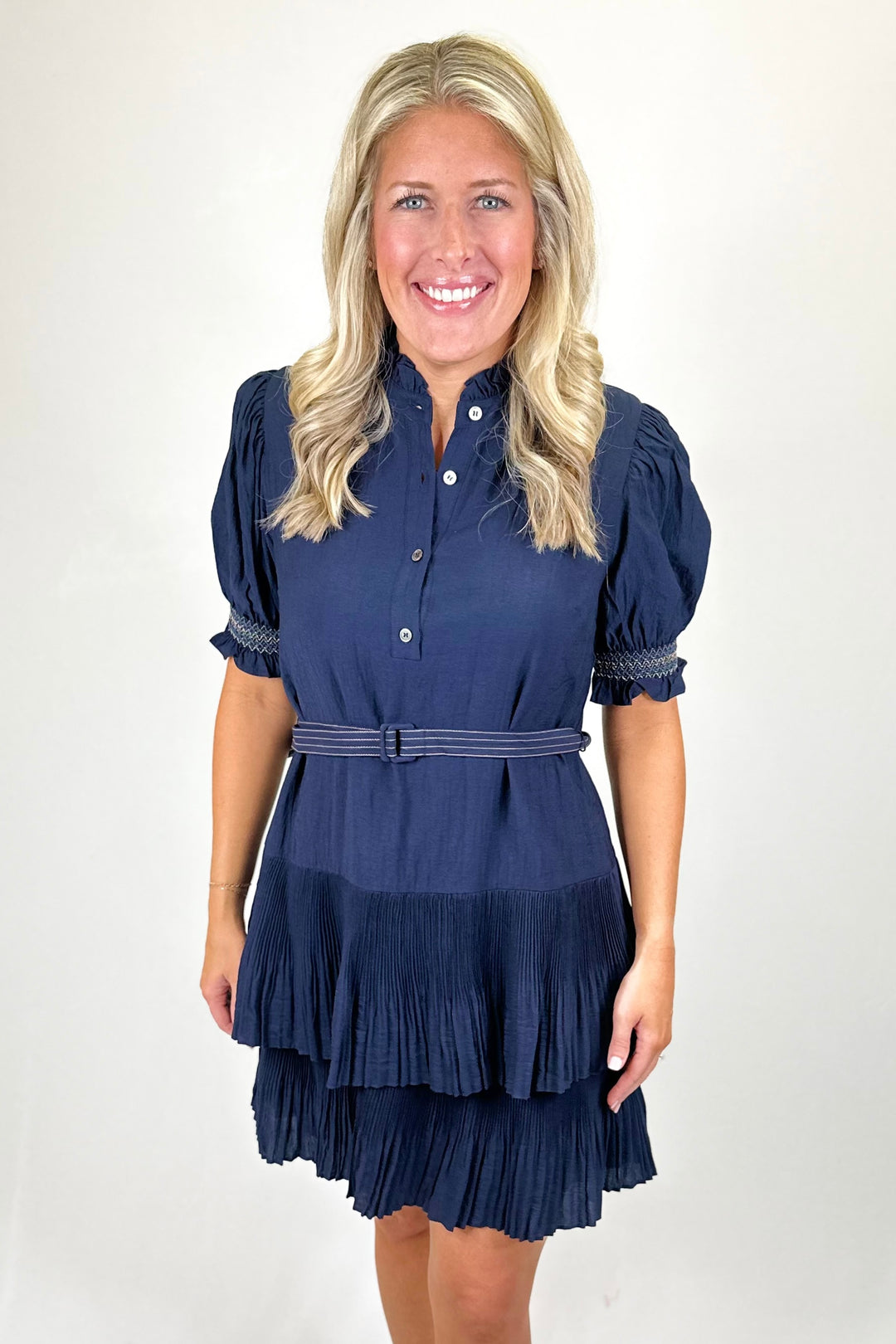 NAVY SMOCKED DETAIL PLEATED SKIRT BELTED DRESS