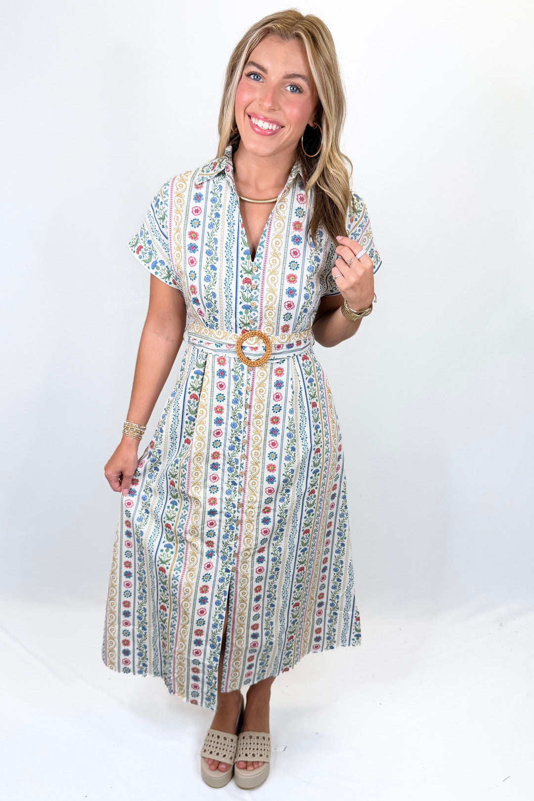 KARLIE: IVORY FRENCH COTTAGE FLORAL MAXI DRESS WITH BELT