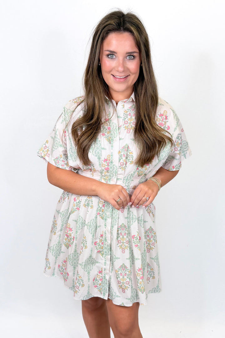 KARLIE: IVORY VINTAGE FLORAL BUTTON SHIRT DRESS