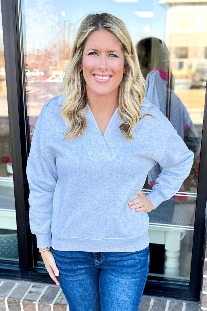 GREY VNECK COLLAR SWEATSHIRT