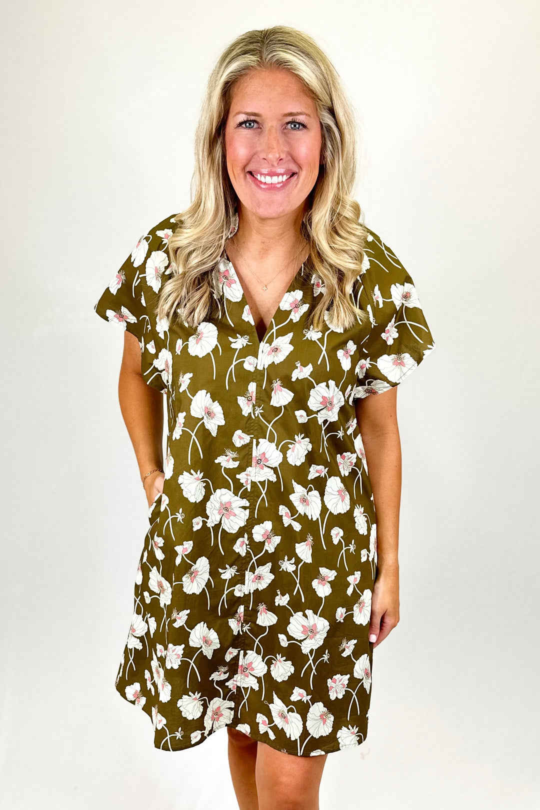 OLIVE FLORAL ANGLED SLEEVE DRESS