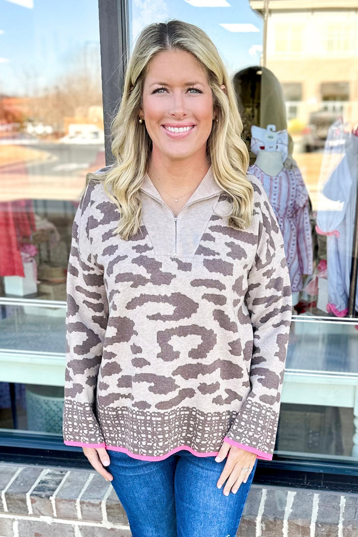 TAUPE ANIMAL PRINT PINK TRIM ZIP SWEATER