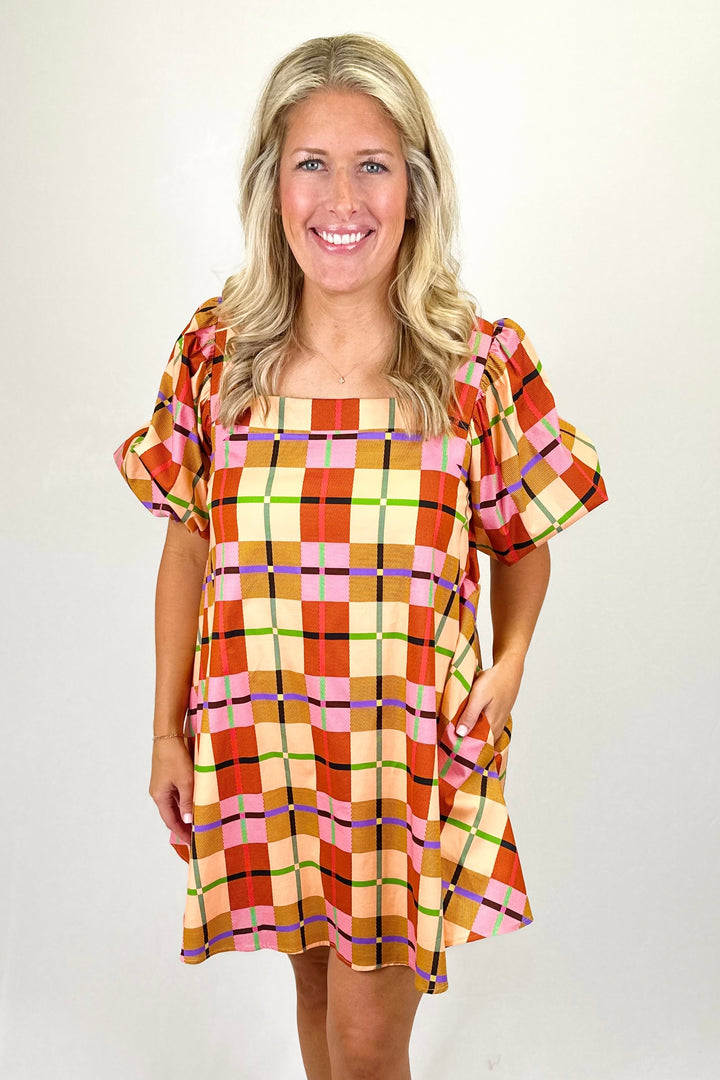 MULTI PLAID SQUARE NECK PUFF SLEEVE DRESS
