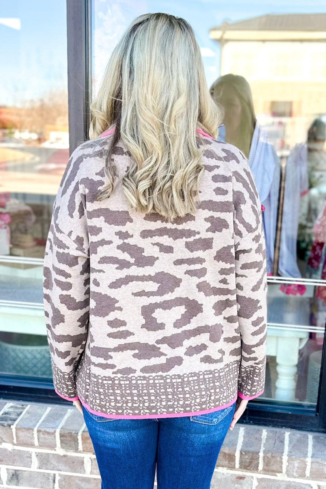 TAUPE ANIMAL PRINT PINK TRIM ZIP SWEATER