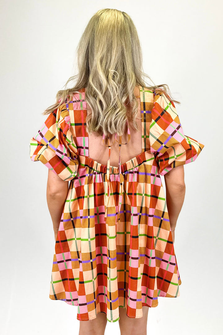 MULTI PLAID SQUARE NECK PUFF SLEEVE DRESS